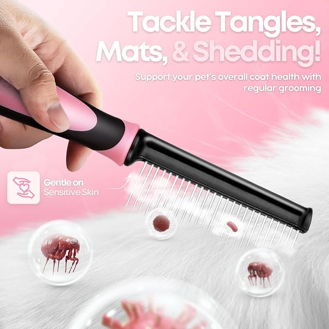 Flexzion Metal Pet Comb for Cats & Dogs – Sturdy Stainless Steel Rounded Teeth with Non-Slip Grip – Easy Grooming & Detangling for Long & Short Hair, Pink