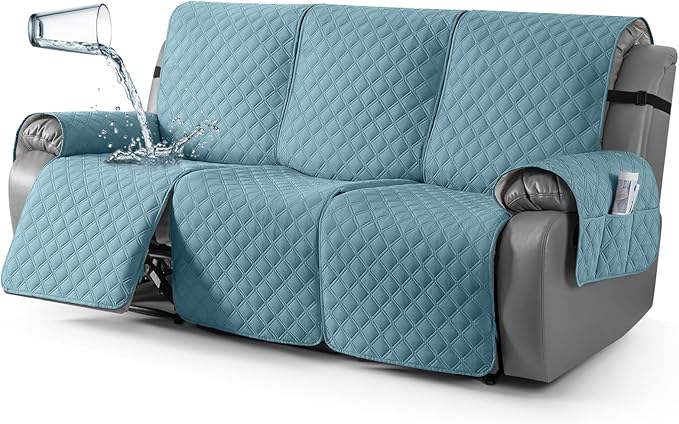 TAOCOCO 100% Waterproof Recliner Couch Covers, Recliner Sofa Covers with Leg Straps, 1-Piece Washable Reclining Sofa Cover with Pocket Couch Protector for Pets Kids(3 Seater, Sky Blue)