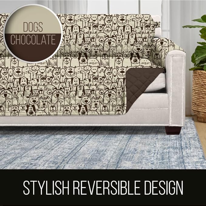 Sofa Shield Couch Slip Cover with Patented Strap, Cushion Protector, US Designed Reversible Stain and Dog Tear Resistant Slipcover, 70 inch Seat, Washable Covers for Dogs Pets, Chocolate