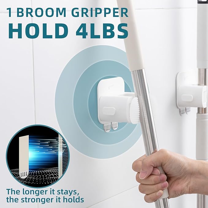 TAILI Mop and Broom Holder Wall Mount Grippers, 2 Hangers and 6 Adhesive Strips, Damage Free Hanging Wall Mount, Household Cleaning Organizer for Organization and Storage, Holds up to 4 lbs, White