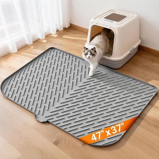 Cat Litter Box Mat, 47" x 37" Extra Large Cat Litter Mat, Silicone Waterproof Litter Trapping Mat for Scatter Control Soft on Kitty Paws Non-Slip Easy to Clean（Grey)