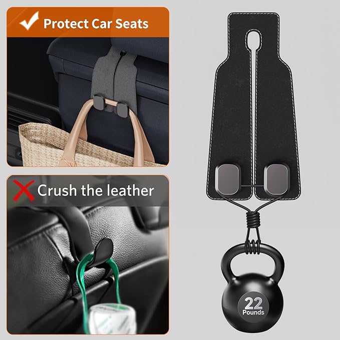 BiYiQi Headrest Hooks for Car, Seat Back Storage Hook Leather Alloy Car Purse Hook, Car Seat Storage Hanger, Car Hooks for Purses, Bags, Handbags,(2 Pack),Black