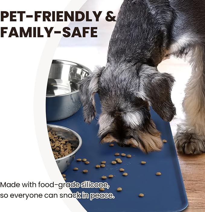 VIVAGLORY Dog Food Mat Flexmat Dog Bowl Mat, Placemat Food Tray with Raised Edges & Lip for Indoor Floor, Non Slip Waterproof Silicone Dish Placemat for Cat & Pet, L, Navy Blue