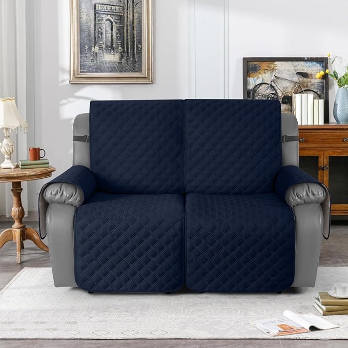 TAOCOCO 100% Waterproof Recliner Couch Covers, Recliner Sofa Covers with Leg Straps, 1-Piece Washable Reclining Sofa Cover with Pocket Couch Protector for Pets Kids(2 Seater, Dark Blue)