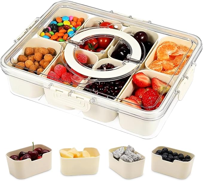 Divided Serving Tray with Lid and Handle,Portable Snackle Box Charcuterie Container,for Portable Snack Platters - Clear Organizer for Candy, Fruits, Nuts, Snacks - Perfect for Party, Entertaining