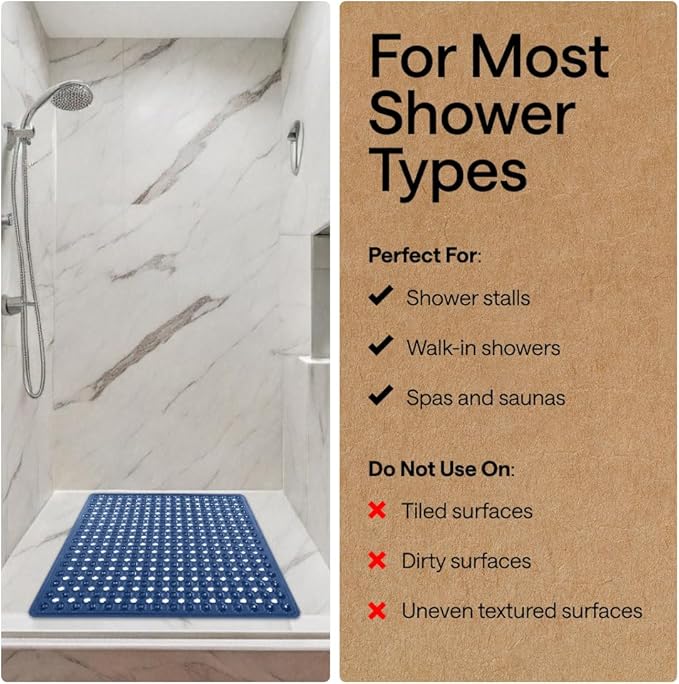 GORILLA GRIP Patented Square Shower Stall Mat, Small Bathtub Floor Mats for Stand Up Showers, Suction Cups and Drainage Holes, Machine Wash, Soft on Feet, Bathroom Accessories 21x21 Inch, Navy Blue