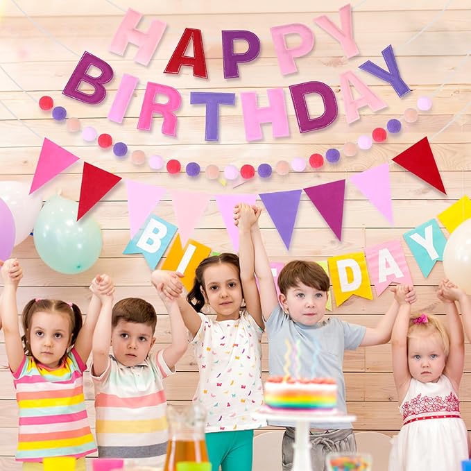 4 Strings Happy Birthday Felt Banner Decoration Pink Birthday Sign Garland Reusable Bunting Banner Pom Pom Hanging Garland Backdrop Wall Decor for Girls Boys Bday Party Supplies Decor