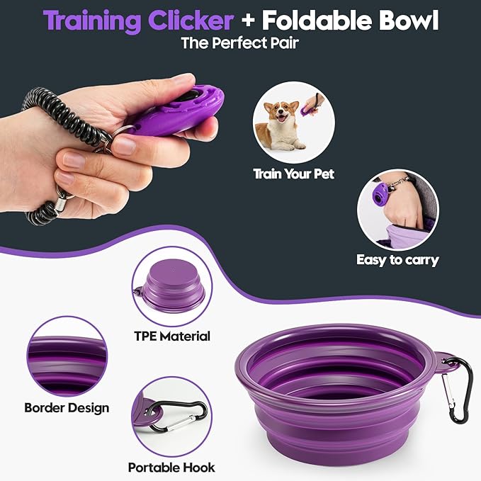WILDOMS Dog Treat Pouch – Large Capacity with Magnetic Closure, Dog Walking Fanny Pack Built-in Poop Bag Dispenser, Clicker & Collapsible Bowl for Training & Walking - Purple
