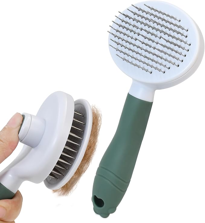 IPTPAS Pet Self-Cleaning Slicker Brush for Dogs & Cats, Deshedding Grooming Comb, Removes Loose Undercoat Hair & Mats, Skin-Friendly Massaging Tool for Long/Short Fur, Large & Small Breeds (Green)