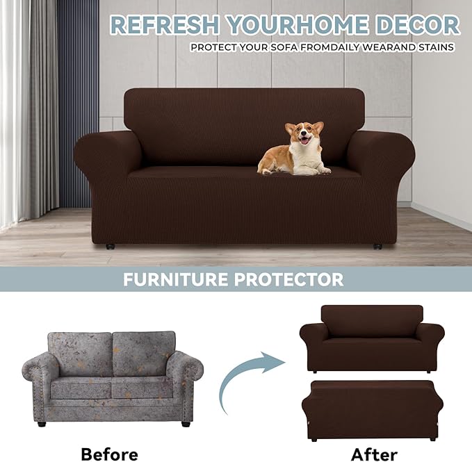 LURKA Stretch Loveseat Sofa Slipcovers 1 Piece Couch Covers for Sofa Furniture Protector Full Sofa Covers with Elastic Bottom for Kids and Dog (Medium, Chocolate)