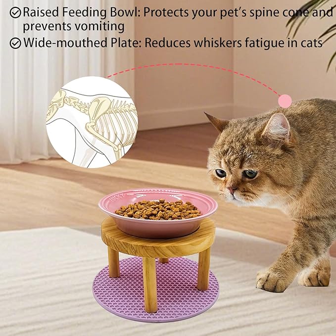 Elevated Cat Bowls Raised Ceramic Cat Dishes Adjustable Height Stand Whisker Fatigue Friendly Food Plates Feeding Station for Kittens Puppies Dog(Pink)