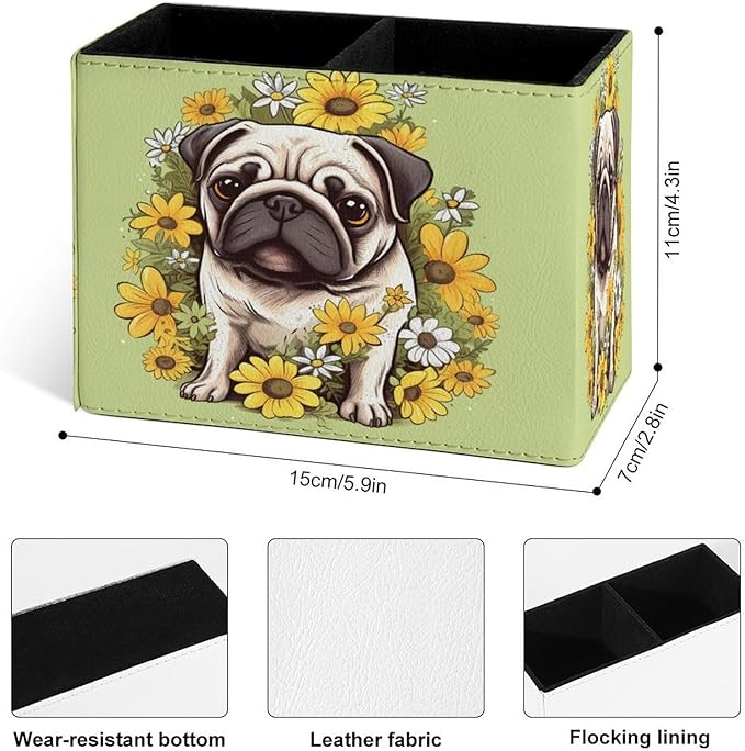Famame Pug Dog Daisies Pencil Holder for Desk, Leather Desktop Container Pen Cup Storage Study Table Pen Organizer Makeup Brush Holder for Classroom Office Home