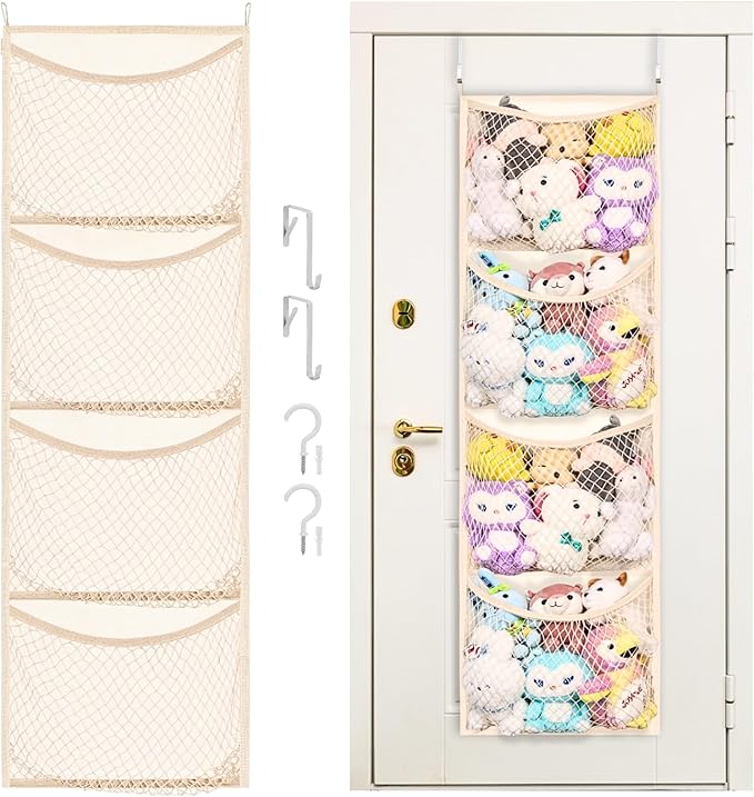 Over The Door Stuffed Animal Storage, Cotton Toy Organizer for Storage Plush Toys,Baby Supplies, Stuffed Animal Holder with 4 Large Pockets, Hanging Door Organizer for Nursery, Bedroom, Kids Room