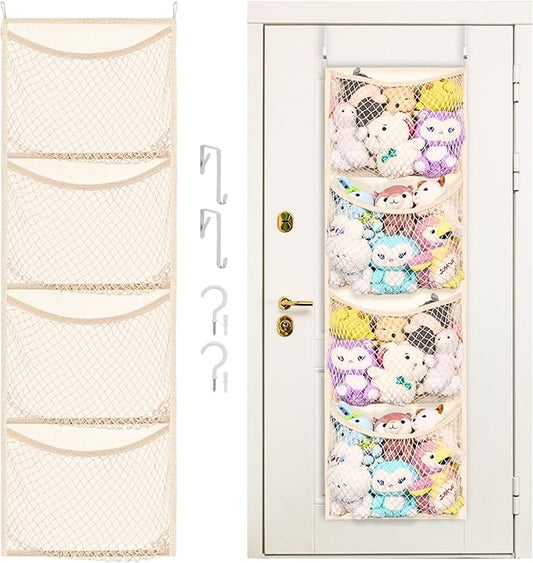 Over The Door Stuffed Animal Storage, Cotton Toy Organizer for Storage Plush Toys,Baby Supplies, Stuffed Animal Holder with 4 Large Pockets, Hanging Door Organizer for Nursery, Bedroom, Kids Room