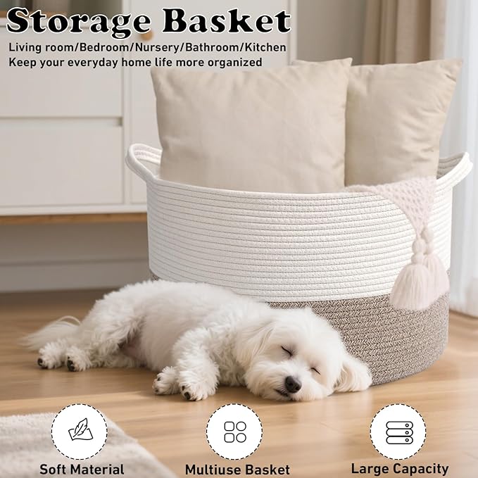 115L Extra Large Woven Cotton Rope Blanket Basket with Handles, Laundry Hamper Storage Bin for Pillows,Clothes, Bedroom and Living Room Organization, White & Brown