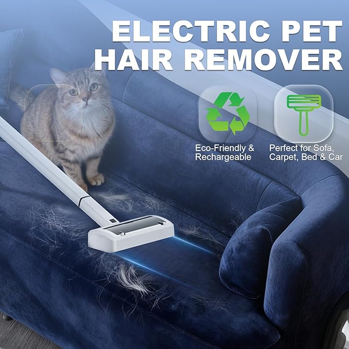 Electric Pet Hair Remover for Dogs & Cats, Rechargeable Lint Roller with Adjustable Handle, Portable Hair Cleaner for Sofa, Carpet, Bed, Car, Multi-Surface Fur Removal Tool (White, Electric)