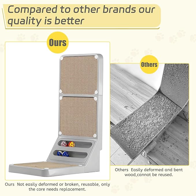 Cat Scratcher Cat Scratch Pad L Shape Wall Mounted Dual Use (Vert/Horiz) Kitten Bunifa Scratching Card Board Vertical Post with Ball Toys Feathers,Protecting Furniture Core is Replaceable Large Grey