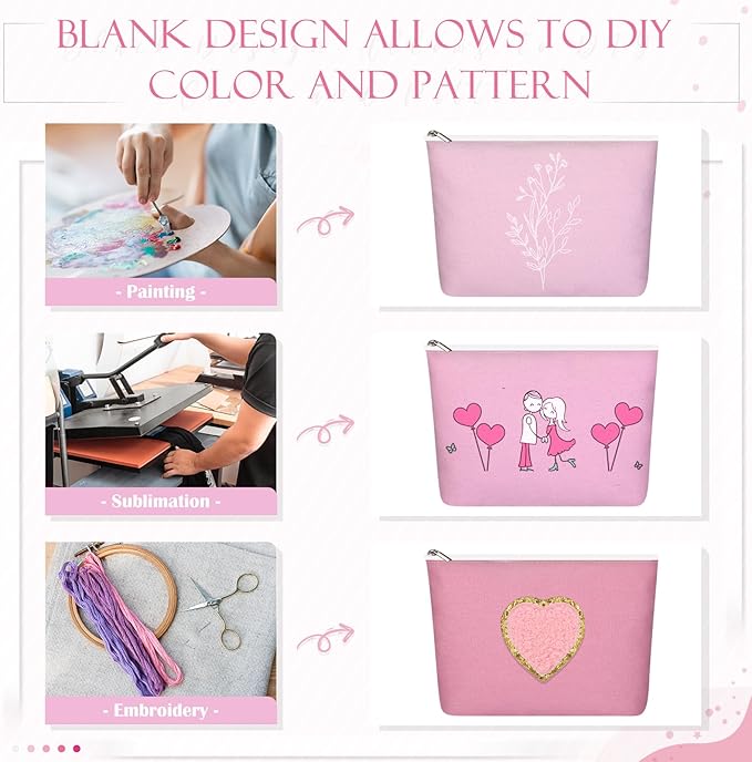 Reginary 10 Pcs Valentines Canvas Makeup Bags Bulk for Women Travel Toiletry Cosmetics Bags Blank DIY Pencil Pouch, Gift for Valentines Patrick's Day Wedding Bridal Shower Coworker(Pink)