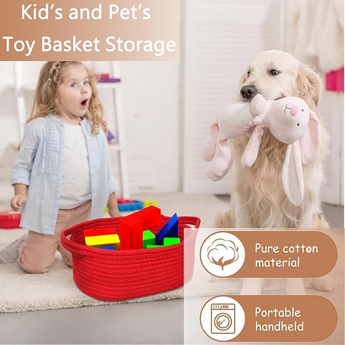 Poschnor Gift Basket with Gift Bags and Ribbons, Small Woven Rope Toy Storage Basket for Baby and Pet, 12"X 8" X 5", Red