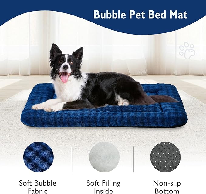 Dog Bed Mat Crate Pad for Large Dogs, Washable Soft Pet Sleeping Mat Kennel Pad with 3D Bubble Pattern, Navy Blue, 36"x 23"