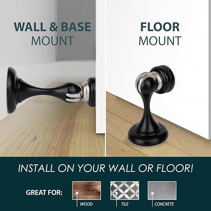 Mega Handles Magnetic Door Stopper, Scratch Free Magnetic Door Catch for Wall, Elegant Magnet Stopper for Floor or Wall - Matte Black (2 Pack)