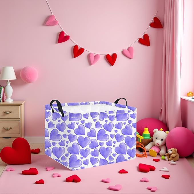 HIYAGON Rectangular Valentines Basket Fabric Storage Bin Storage Boxes Collapsible Storage Basket for Clothes Books Shelves Basket(Purple Heart)