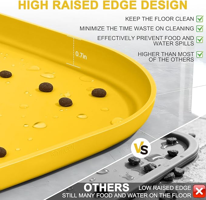 Silicone Pet Food Mat with Raised Edge for Food and Water Bowl, Dog Feeding Mats, Cat Food Trays for Floor Waterproof, Rubber Tray for Dogs and Cats, 19 x 12 x 0.7 Vivid Yellow