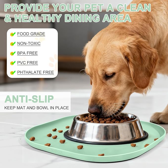 SMILOOL Silicone Pet Feeding Mat with Raised Edge for Food and Water, Dog Bowl Mats, Cat Bowls Placemat with High Lip for Floor Waterproof, Rubber Tray for Cats and Dogs 12 x 12 x 0.7 Mint Green