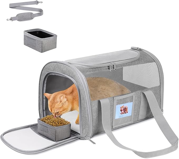 FOORLON Cat Carrier Soft for Pets Up to 15 Lbs, Cat Travel Bag with Padded Shoulder Strap and Detachable Cat Food Bowl, Pet Dog Carriers for Small Dogs Travel Puppy Carry Airline Approved, Grey