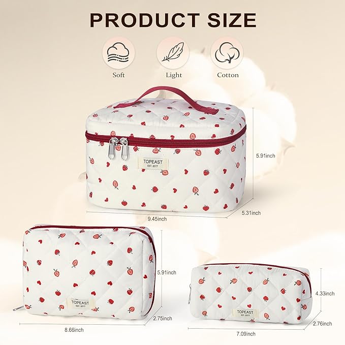 TOPEAST Christmas Gifts for Women Girls - 3Pcs Makeup Bag Large Cotton Travel Make Up Organizer, Quilted Toiletry Pouch Portable Cosmetic Bags with Compartment, Strawberry