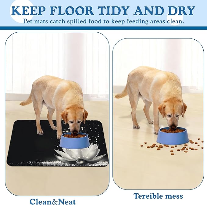 Magic White Lotus Pet Feeding Mat–Quick Dry Absorbent Dog Cat Food Mat, Non Slip Waterproof Bowl Placemat for Messy Eaters, Pet Accessories for Floors 12"x20"