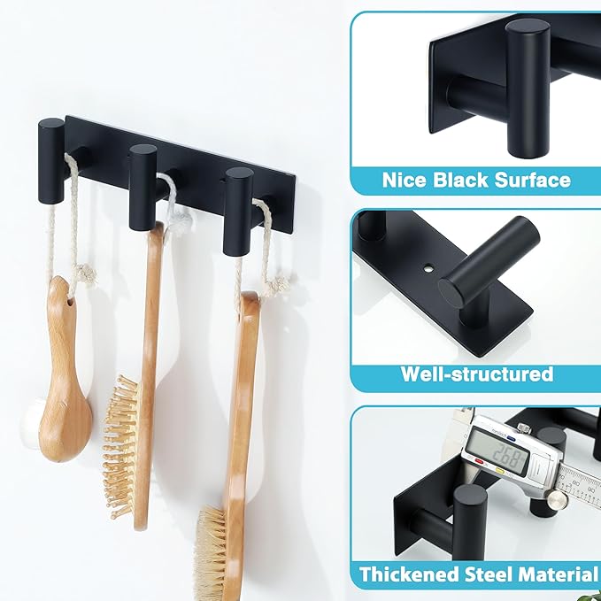 Alise Black Coat Hooks Hat and Coat Rack with 3 Hooks Wall Mount Key Hooks for Robes, Bags, Keys, and Towels,SUS304 Stainless Steel Wall Hooks for Hanging,Self Adhesive or Drilling Mounted