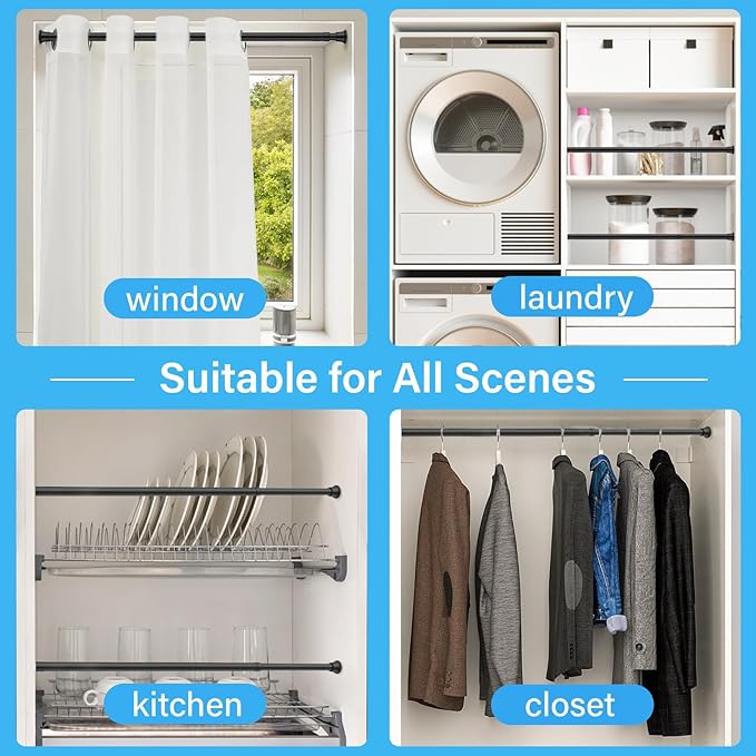 1pack Spring Tension Rods 23-46 Inch Adjustable Black Tension Rod Spring Curtain Rod Extendable Spring Loaded Curtain Rods Tension Rod for Curtains,Closet,Kitchen