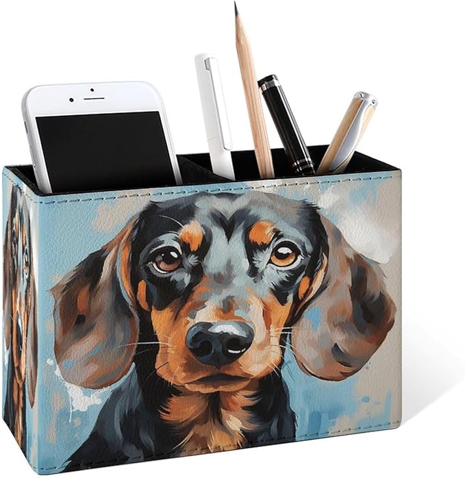 Famame Dachshund Dog Face Cute Pencil Holder for Desk, Leather Desktop Container Pen Cup Storage Study Table Pen Organizer Makeup Brush Holder for Classroom Office Home
