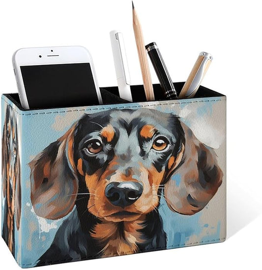 Famame Dachshund Dog Face Cute Pencil Holder for Desk, Leather Desktop Container Pen Cup Storage Study Table Pen Organizer Makeup Brush Holder for Classroom Office Home