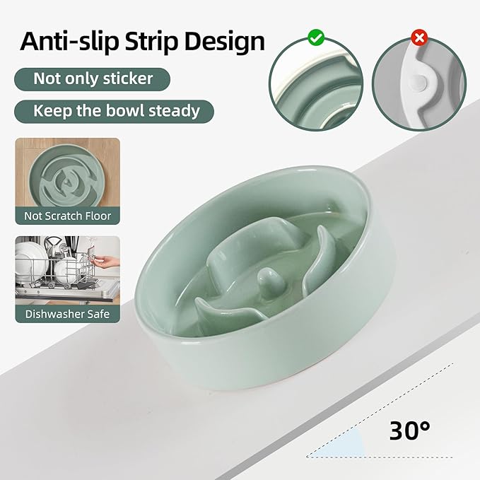 Ceramic 0.9 Cup Dog Bowl Slow Feeder for Small Dog, 6.1inch Pet Slow Feeder, Stop Bloat, Preventing Choking(Single Bowl-Light Green)