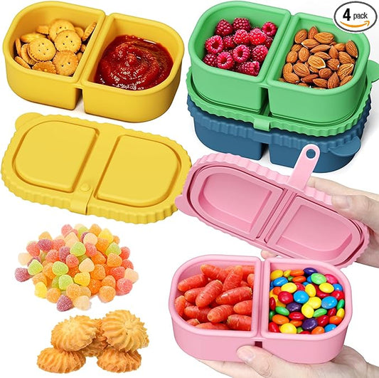 4 Pack Silicone Reusable Snack Containers with Lids, 8.5oz 2 Compartment Snackle Box Container, Leakproof Bento Box Snack Pack Containers Food Storage for Lunch, Picnic, Travel, Office