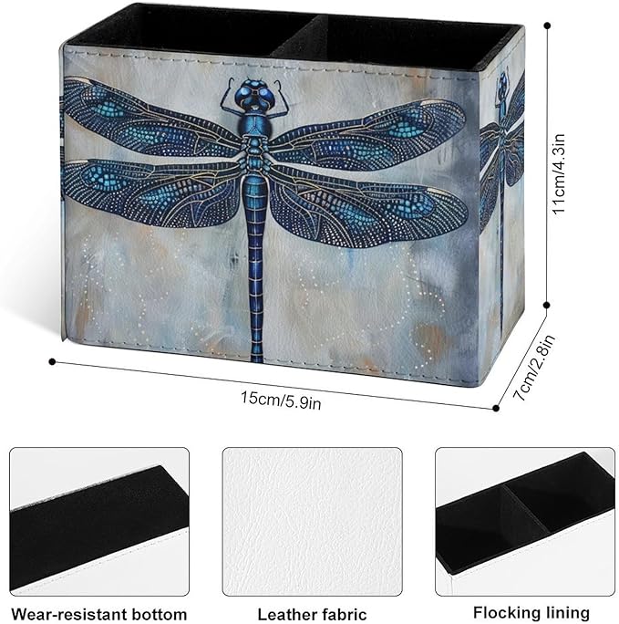 Famame Blue Ethnic Dragonfly Pencil Holder for Desk, Leather Desktop Container Pen Cup Storage Study Table Pen Organizer Makeup Brush Holder for Classroom Office Home