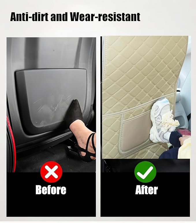 Leatherette Car Seat Protector - 2 Pack Large Car Kick Mats with Storage Pockets Organizer Seat Back Cover Against Dirty Shoes & Scratches, Universal Fit for Most Vehicles, Beige
