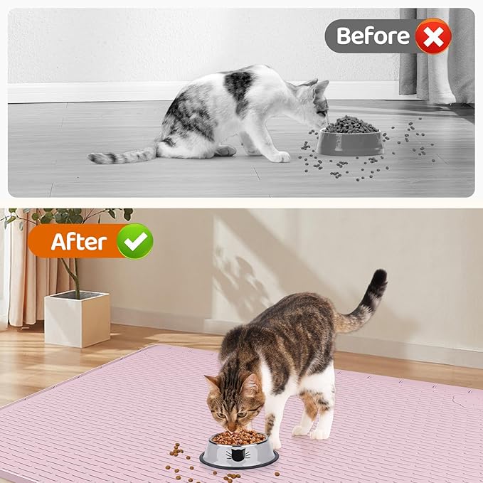 Bartuke Cat Food Mat, 34" x 22" Large Silicone Pet Feeding Mat for Food and Water Bowls Non-Slip, Easy to Clean (Pink)