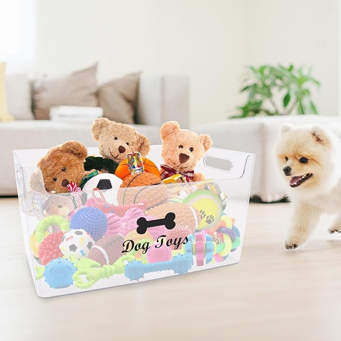 Dog Toy Basket with Handle - Clear Plastic Waterproof Dog Storage Organizer for Toys, Blankets, Leashes, Treats & Grooming Supplies - 1Pack