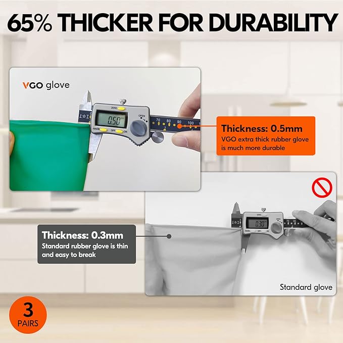 Vgo... 3-Pairs Reusable Household Gloves, Rubber Dishwashing gloves, Extra Thickness, Long Sleeves, Kitchen Cleaning, Working, Painting, Gardening, Pet Care (Size M, Green, HH4601)