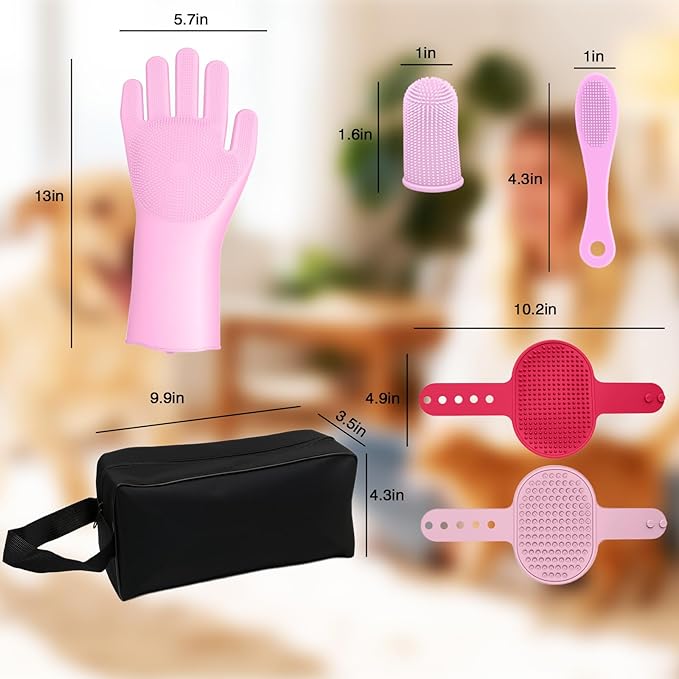 MIYIJHY 7-Piece Pet Grooming Kit with Storage Bag | Portable Bathing Set for Dogs & Cats | Includes Silicone Gloves, Deshedding Brushes & Finger Toothbrushes | All-in-One Pet Care (Pink)