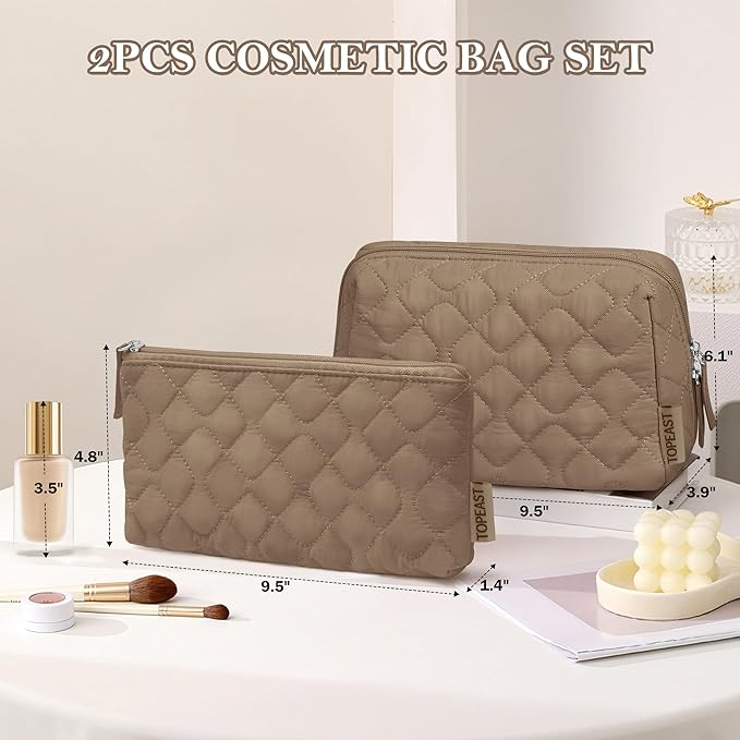 TOPEAST Christmas Gifts for Women Girls - 2Pcs Makeup Bag Small Cosmetic Travel Bag Purse, Waterproof Puffy Toiletry Organizer, Portable Open Flat Make Up Pouch, Brown