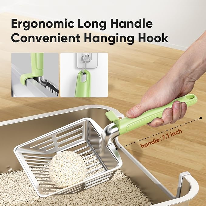 KooMooM Metal Cat Litter Scoop, Large Cat Scooper with Deep Shovel & Dual Sifting Holes for Fast & Precise Sifting, Space Aluminum Kitty Litter Scooper with Long Handle & Easy-to-Hang Hook - Mint