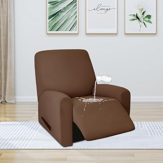 PureFit 100% Dual Waterproof Recliner Cover, Waterproof Couch Cover for Recliner - Stretch Non Slip Fleece Sofa Covers Washable, Leakproof Furniture Protector for Kids, Pets, Dog (Recliner, Brown)