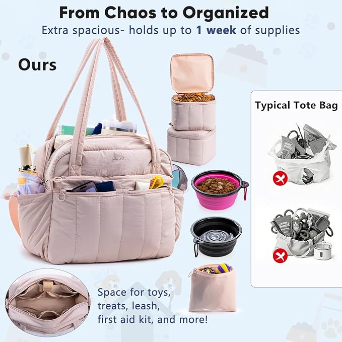 Dog Travel Bag for Supplies, Airline Approved Pet Travel Organizer with 2 Food Containers & Collapsible Bowls, Large Capacity Dogs Tote Bag for Weekend, Stylish Dog Mom Gift for Pet Lovers