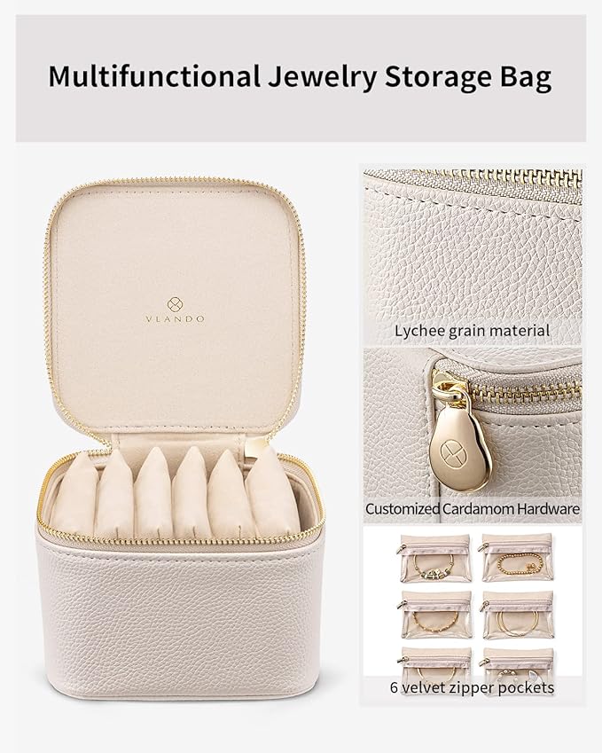 Vlando Jewelry Travel Case,Travel Jewelry Organizer with Clear Velvet Jewelry Bags 6Pcs Zipper Pouch for Women Girl Birthday Gift-White