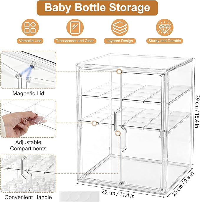 ERTIUANIO Baby Bottle Organizer – 3 Tier Acrylic Bottle Storage Organizer Container, Clear Plastic Bottle Station Organizers Drawers with Double Magnetic Doors for Countertop Kitchen Vanity, Bathroom