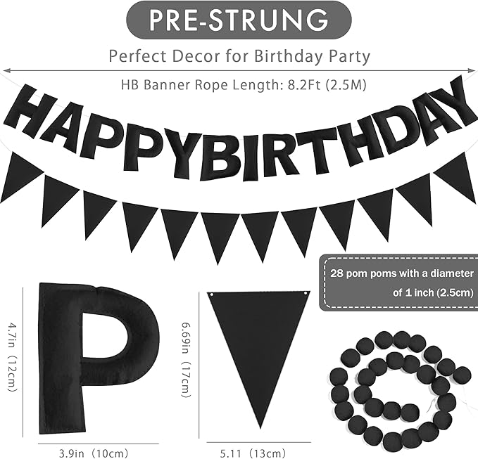CANREVEL Pre-Strung 3D Happy Birthday Banner, 3 PCS Black Happy Felt Garland, Pom Pom Garland, Triangle Fabric Bunting, Reusable Black Birthday Decorations